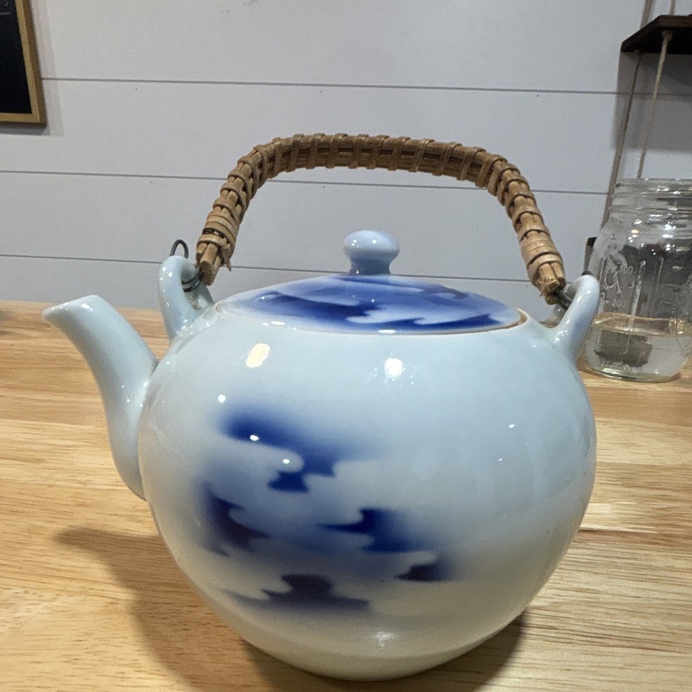 Blue & White Glossy Ceramic Round Teapot Bail Handle Infuser Marked 23